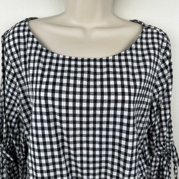 LOFT Blouse Top Plaid Gingham Check Boho Bell Sleeves Black White L Cottage Core - Picture 3 of 11